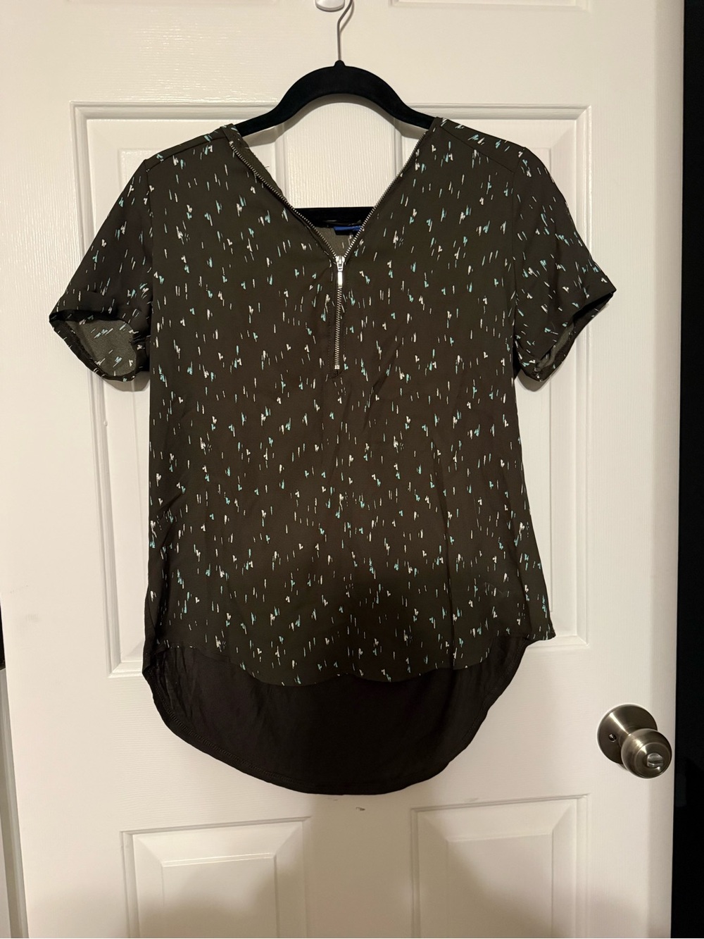 Apt. 9 Petite Small PS Mixed Media Zip Blouse Slate Muted Gray Blue Knit Top